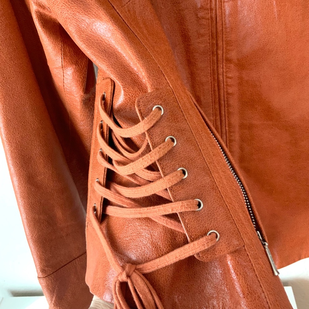 RARE! Y2K VINTAGE Leather! XOXO Womens Bomber Jacket Lace Up Moto Size XL - Picture 3 of 14
